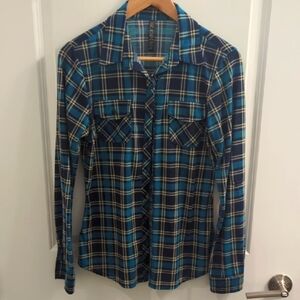"RNB", Flannel Button Front Shirt Women's ( M ) Teal Blue/Black Plaid 2 Pockets